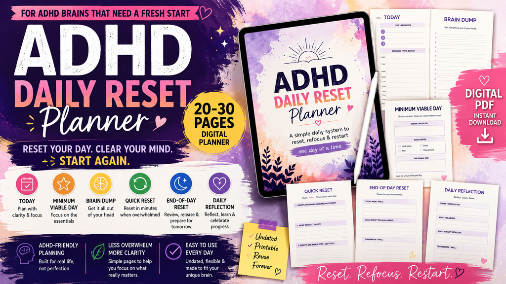 ADHD Daily Reset Digital Planner | ADHD-Friendly Daily Planner, Brain Dump & Overwhelm Reset | Printable & Digital PDF