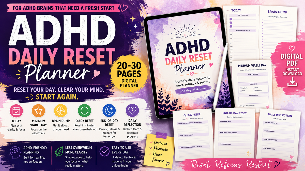 ADHD Daily Reset Digital Planner | ADHD-Friendly Daily Planner, Brain Dump & Overwhelm Reset | Printable & Digital PDF