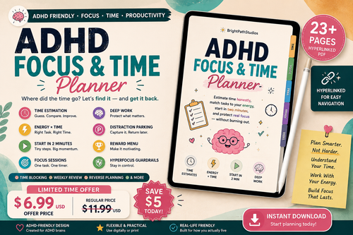 ADHD Focus & Time Planner | Digital ADHD Productivity Planner for Time Management, Focus, Deep Work & Task Planning