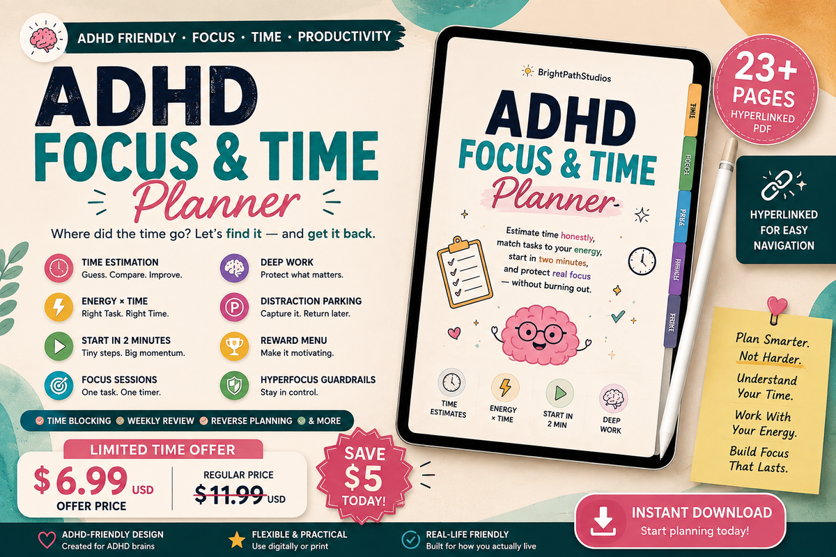 ADHD Focus & Time Planner | Digital ADHD Productivity Planner for Time Management, Focus, Deep Work & Task Planning