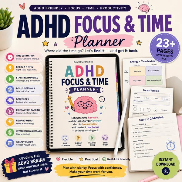 ADHD Focus & Time Planner | Digital ADHD Productivity Planner for Time Management, Focus, Deep Work & Task Planning