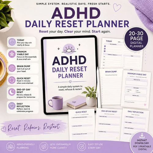 ADHD Daily Reset Digital Planner | ADHD-Friendly Daily Planner, Brain Dump & Overwhelm Reset | Printable & Digital PDF