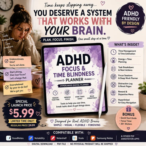 ADHD Focus & Time Blindness Planner | Hyperlinked Digital Planner for Time Management, Focus & Productivity