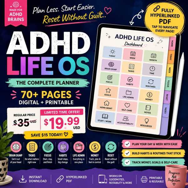 ADHD Life OS — Complete Hyperlinked Digital Planner 2 in 1
